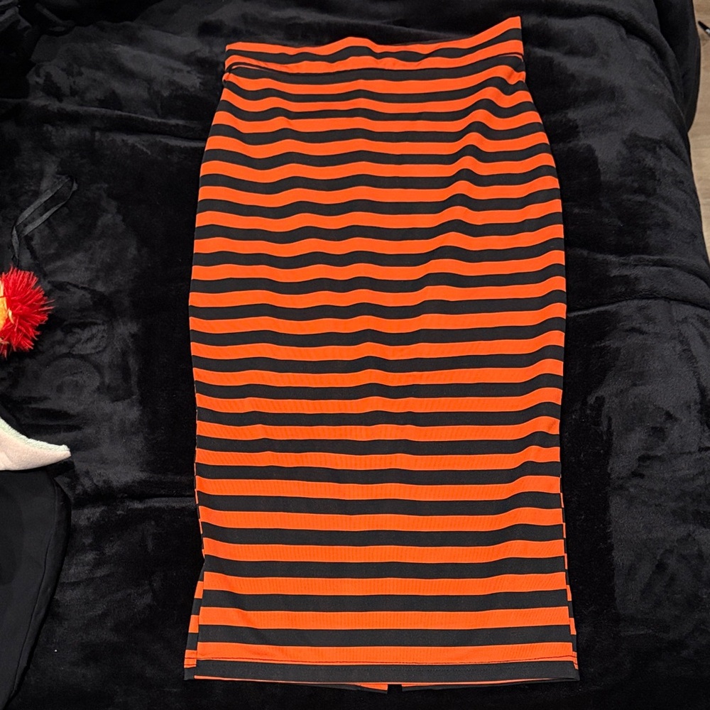 Voodoo Vixen Marnie Orange Black Stripe Pencil Midi Skirt Goth Halloween Pinup